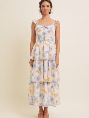 Floral Midi Dress With Ruffled Straps